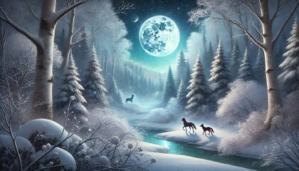 Fototapeta premium A mystical winter forest illuminated by moonlight, with serene wildlife amidst a tranquil snow-covered landscape