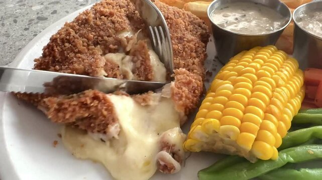 4k footage, close up hand and knife cutting fried chicken cordon bleu set of plate with French fries and side dishes, seen the mozzarella cheese melt and flows out of the chicken meat.