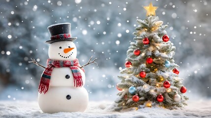 Fototapeta premium Snowman and Christmas tree