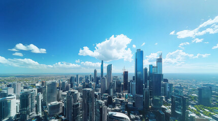 Obraz premium City Skyline and Skyscrapers Under Blue Sky and White Clouds Aerial View