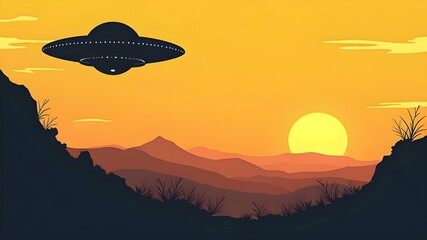 World Science Fiction Day  concept with A flying saucer on a dark yellow and orange gradient background.