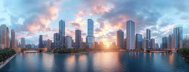 Urban city scape, wide panoramic image of skyscrapers in the evening with shadows on a lake waterfront