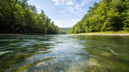 Obraz premium Serene River Landscape Surrounded by Lush Green Forests: A Perfect Nature Retreat