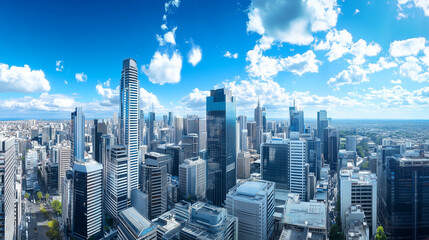 Obraz premium City Skyline and Skyscrapers Under Blue Sky and White Clouds Aerial View
