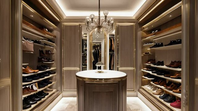 Camera slowly pans across luxurious walk-in closet with custom cabinetry, central island, rim lighting