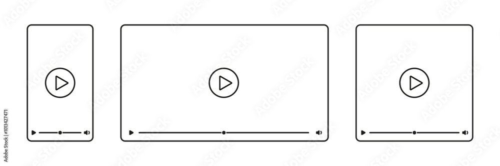 Poster video player. media player window. play video frame vector set. mobile phone and computer screen onl