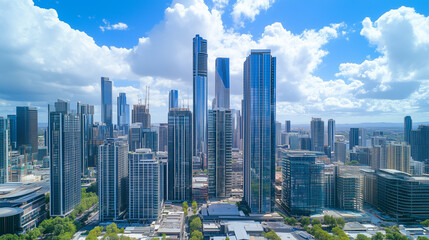 Obraz premium City Skyline and Skyscrapers Under Blue Sky and White Clouds Aerial View