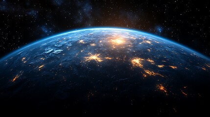 A stunning view of Earth at night, with city lights illuminating the planet from space, against a backdrop of stars.