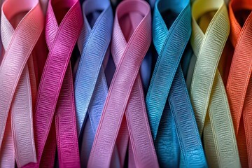  collection of cancer ribbons, each a different color, neatly arranged in a row, representing various causes and symbolizing awareness, support, and solidarity for cancer-related issues.