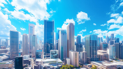 Fototapeta premium City Skyline and Skyscrapers Under Blue Sky and White Clouds Aerial View