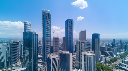 Obraz premium City Skyline and Skyscrapers Under Blue Sky and White Clouds Aerial View