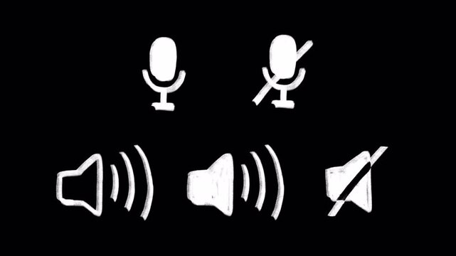 Sound & Mic Control Icons: Doodle crayon chalk style, Animated On/Off Audio Symbols with Transparent Background, alpha channel
