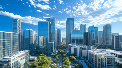 Obraz premium City Skyline and Skyscrapers Under Blue Sky and White Clouds Aerial View