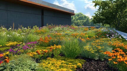 a green roof garden, filled with native plants and vibrant wildflowers, offering a habitat for insects and birds.