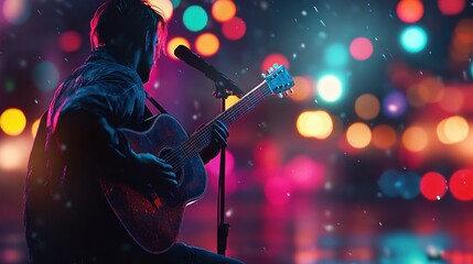 A musician plays guitar on stage, illuminated by colorful lights in a vibrant atmosphere.
