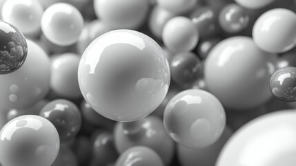 floating white spheres with reflective surfaces, abstract art concept