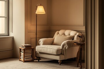 A cozy reading corner with a plush armchair, a small wooden side table with a stack of books, and a tall floor lamp casting warm light, set against a backdrop of neutral walls and a large window.