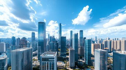 Aerial View of City Skyline and High-Rise Buildings Under Blue Sky and White Clouds