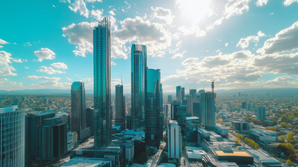 Aerial View of City Skyline and High-Rise Buildings Under Blue Sky and White Clouds
