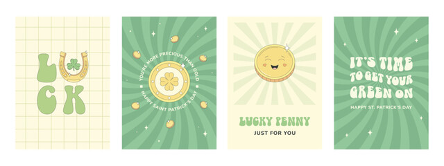 Groovy St. Patrick's Day. Lucky penny character, gold coins, horseshoe, shamrock, good luck wishes. A set of funny holiday cards with cheerful messages.
