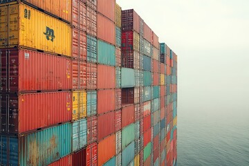 Fototapeta premium towering stack of colorful cargo containers packed tightly on the deck of a large cargo ship, representing global trade, shipping, and logistics operations.