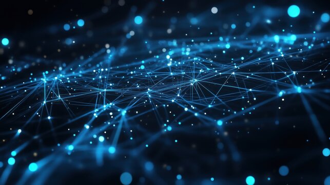 A digital network featuring radiant blue lines and dots that intertwine across a black digital landscape.