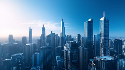 Obraz premium Aerial View of City Skyline and High-Rise Buildings Under Blue Sky and White Clouds