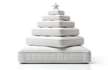 A Christmas tree made of soft mattresses on a white background. A stylish holiday concept for a bedroom, furniture store and home. Soft grey mattresses in the shape of a Christmas tree