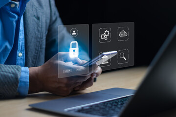 Cyber ​​security, data privacy protection, firewall security concept. Businessman using phone showing personal data protection with virtual screen interface on internet technology network connection