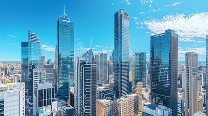 Fototapeta premium Aerial View of City Skyline and High-Rise Buildings Under Blue Sky and White Clouds