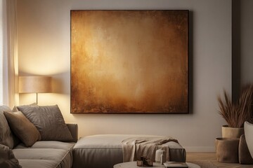 A cozy living room with soft lighting, showcasing a large abstract painting in earth tones on a white wall. The textures of the canvas add depth to the modern, minimalist design of the room.