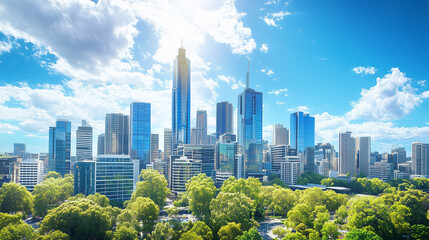Obraz premium Aerial View of City Skyline and High-Rise Buildings Under Blue Sky and White Clouds
