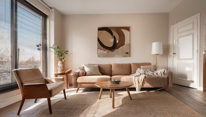 Fototapeta premium Modern Earth-Tone Interior. An earth-toned, modern living room with cozy furniture and abstract wall art. Perfect for promoting warm, inviting home spaces.