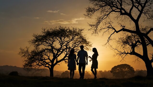 Silhouetted trio capturing a sunset under tree branches with a picturesque backdrop.