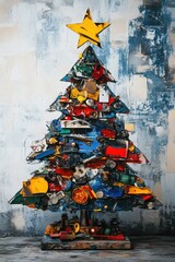 A vibrant tree sculpture made from recycled materials, topped with a star, displayed against a textured wall.