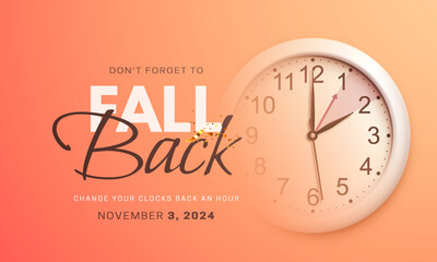 Daylight saving time is over. Fall back concept banner with realistic wall clock and golden confetti on bright peach background. The clock turns back one hour on November 3, 2024. Vector illustration