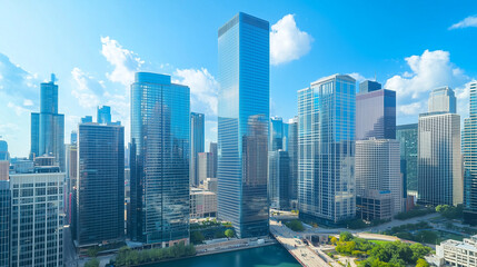 Obraz premium City Skyline and Skyscrapers Under Blue Sky and White Clouds Aerial View