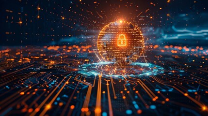 A mesmerizing digital padlock hovers above a futuristic globe in a darkened cybersecurity landscape
