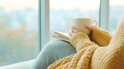 A peaceful Sunday morning scene with a woman sipping hot coffee by a large window, wrapped in cozy blankets, enjoying the gentle sound of rain. A moment of relaxation and reflection with a good book.
