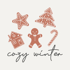 Cozy winter Christmas vector quote. Christmas baking on a light background. Winter holiday illustration. Greeting card. Happy New Year background.