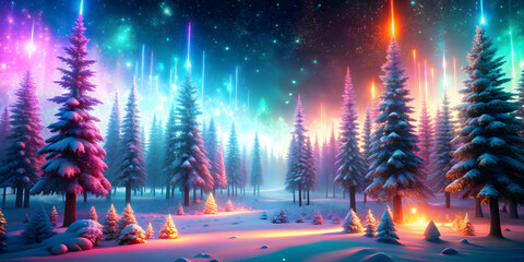 3D Glowing Winter Forest Scene with Radiant Snowfall and Vibrant Neon Elements for Holiday Promotions