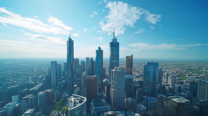 City Skyline and Skyscrapers Under Blue Sky and White Clouds Aerial View
