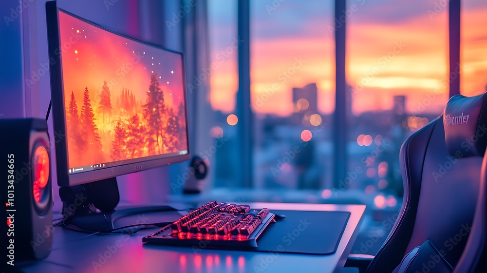 Poster a computer desk with a keyboard, mouse, and monitor set against a backdrop of a city skyline at suns