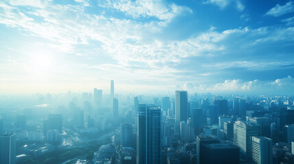 Fototapeta premium City Skyline and Skyscrapers Under Blue Sky and White Clouds Aerial View