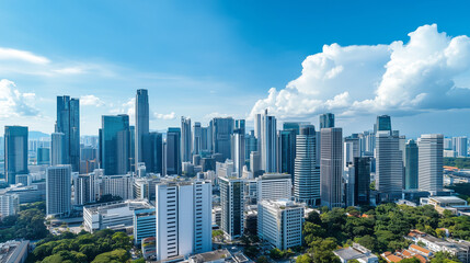 Obraz premium City Skyline and Skyscrapers Under Blue Sky and White Clouds Aerial View