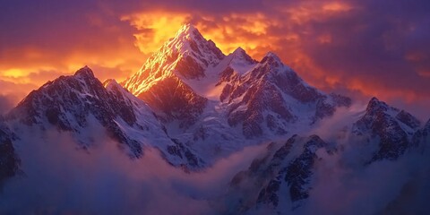 Majestic mountain peak glowing with fiery hues during sunrise.