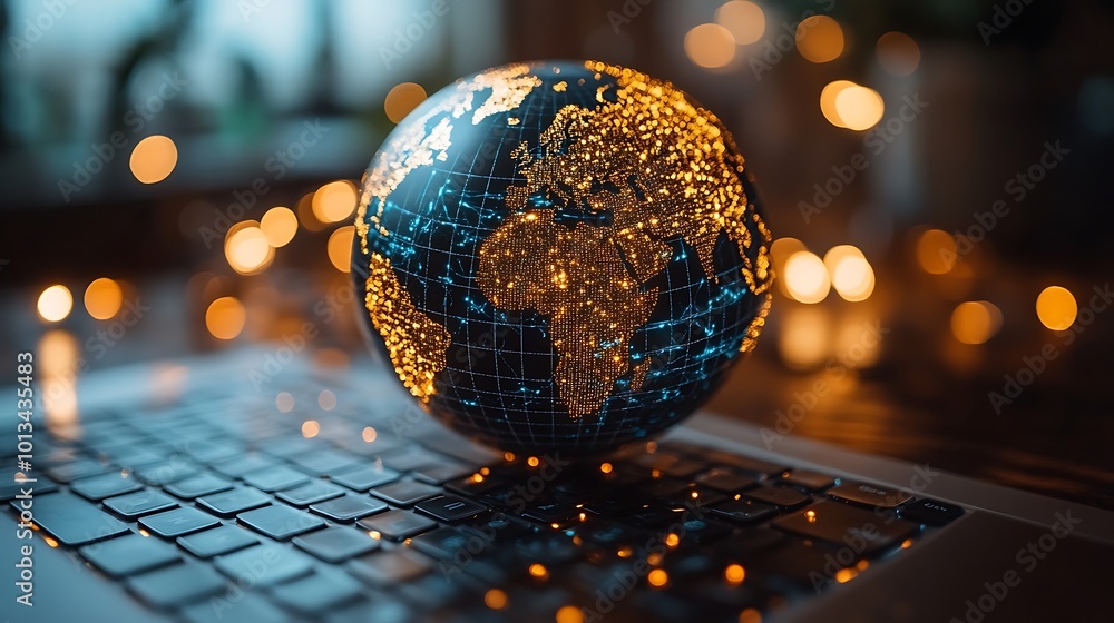 Poster illuminated globe resting on a laptop keyboard, representing global connectivity and technology.