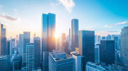 Obraz premium City Skyline and Skyscrapers Under Blue Sky and White Clouds Aerial View