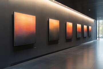 A contemporary art gallery interior, featuring a series of abstract paintings aligned perfectly along a sleek, charcoal-colored wall.