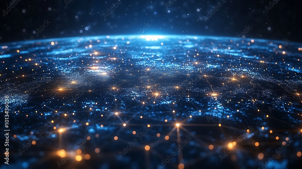 Poster abstract digital globe with glowing connections and network lines.
